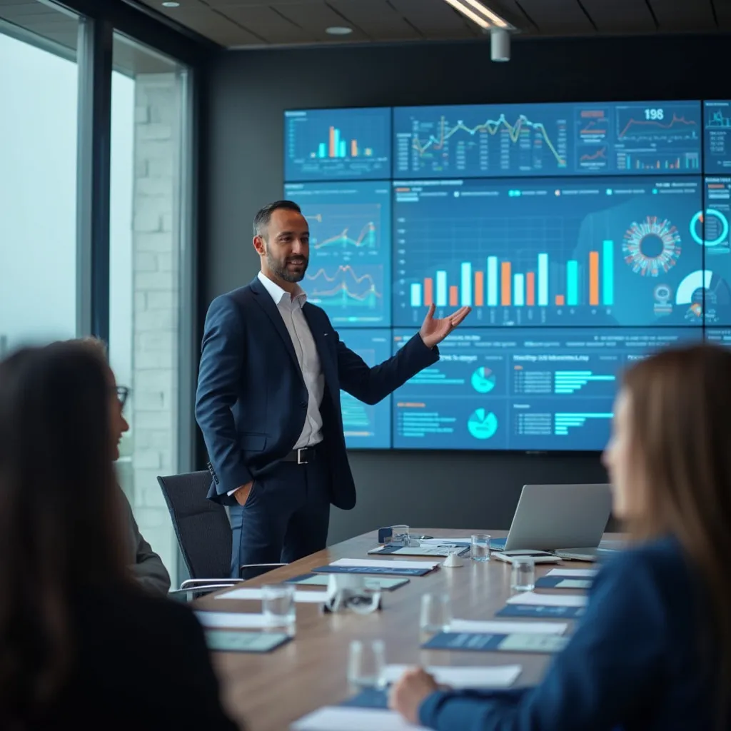 Consultor presentando análisis de datos a cliente